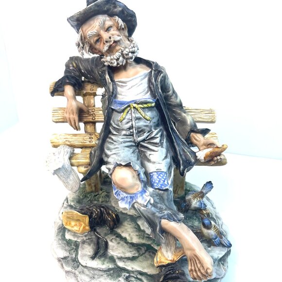 Vintage Large Capodimonte "Hobo On Bench" Italian Porcelain Figurine, 9.5" - Picture 1 of 16